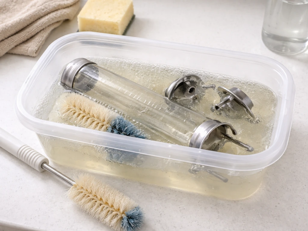 Tube feeder parts soaking in a bleach solution in a small container, cleaned with a brush nearby.