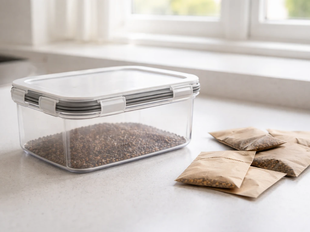 Hard-sided airtight seed container with rubber-sealed lid on a clean countertop in bright natural light.
