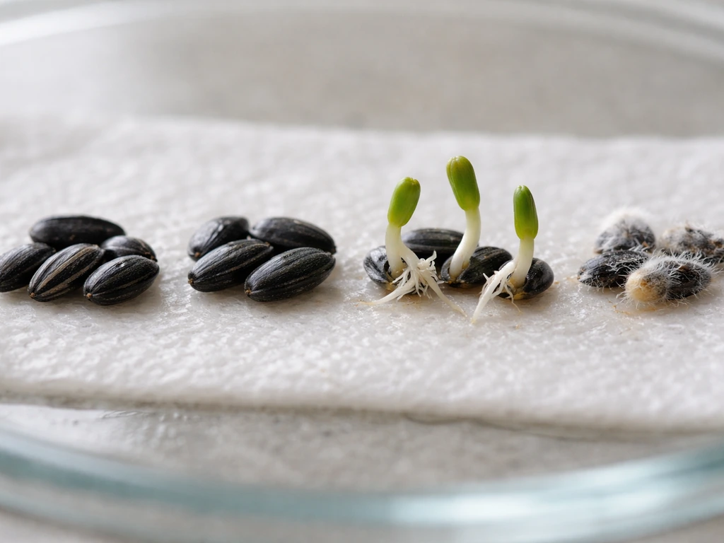 Close-up sequence of bird seed kernels sprouting, with healthy roots and early spoilage cues in separate spots.