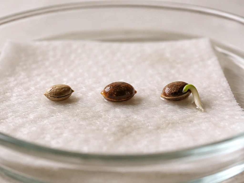 Close-up sequence of germination: dry seed to swollen seed with radicle emerging and early sprout growth.