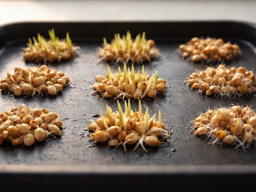 Close-up of soaked bird seeds with different sprouts arranged in a simple grid on a tray.