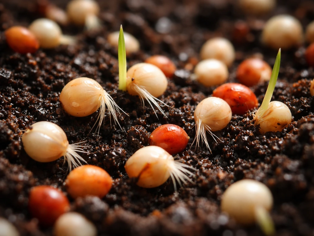 Close-up of millet seeds swelling and sprouting hair-thin white radicles and tiny grass-like shoots