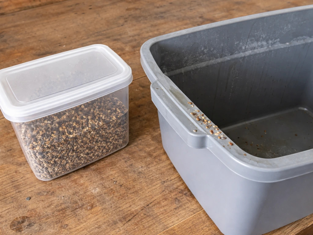 Dry sealed container of seed beside a damp-looking outdoor storage bin, suggesting clumping risk.