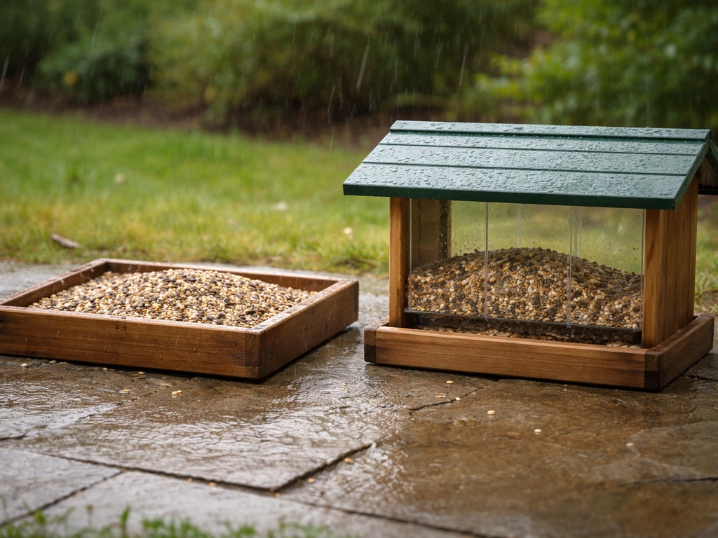 Side-by-side open tray feeder with exposed seed and a covered feeder protecting seed from rain.