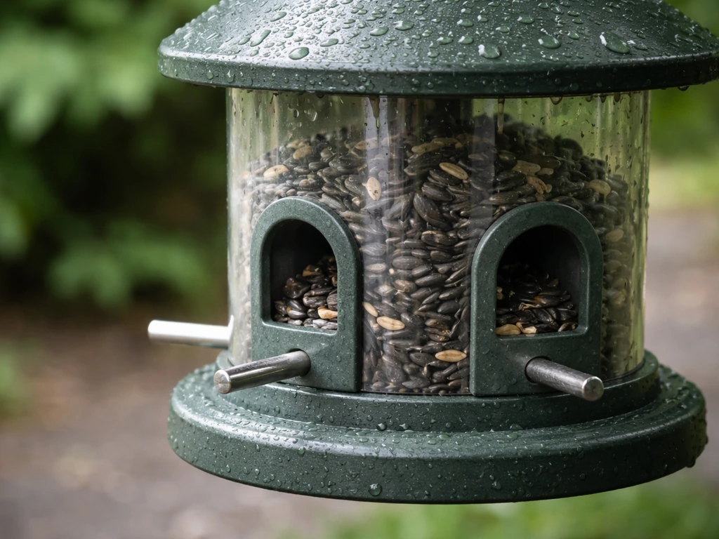Close-up of a rain-protected hopper/tube feeder with seeds visible through openings in soft shade
