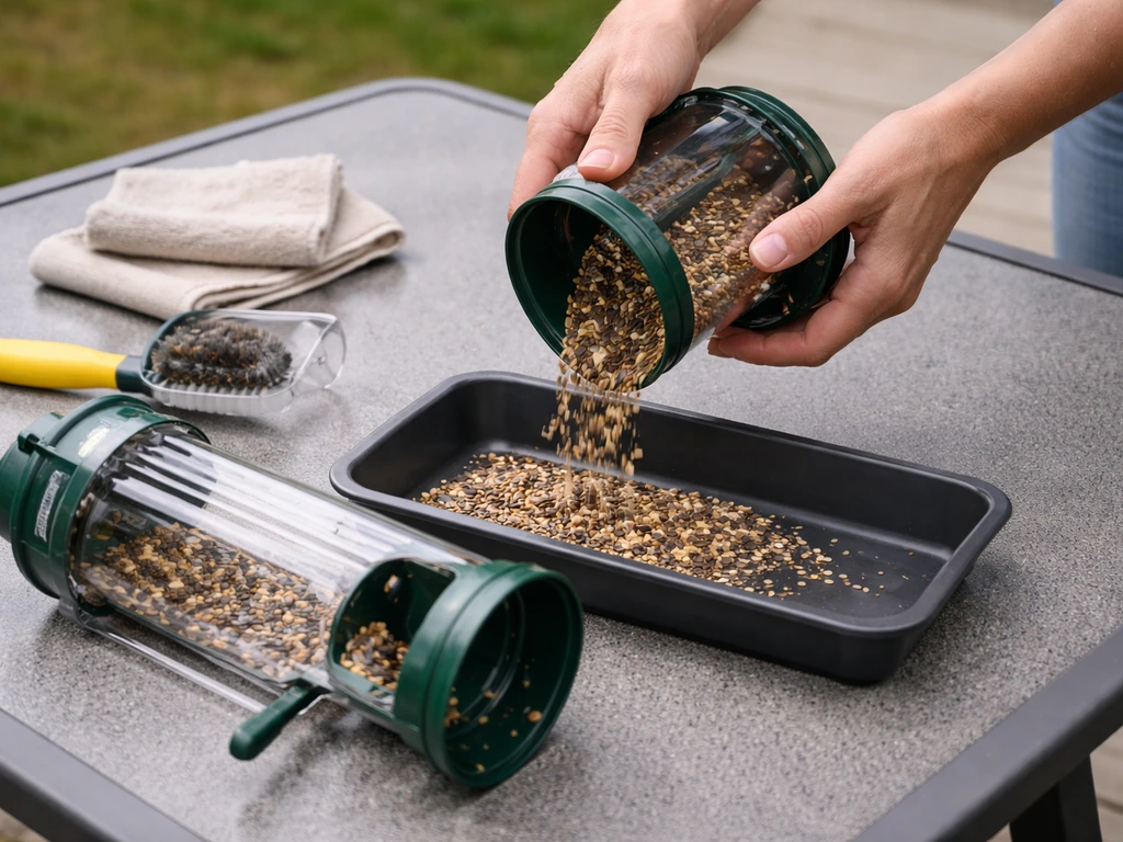 Person emptying bird feeder into a tray, with cleaning brush and rag visible on a patio table