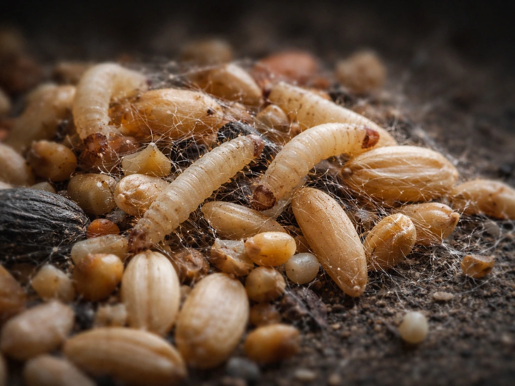 Macro view of off-white Indian meal moth larvae on bird seed with thin silken webbing