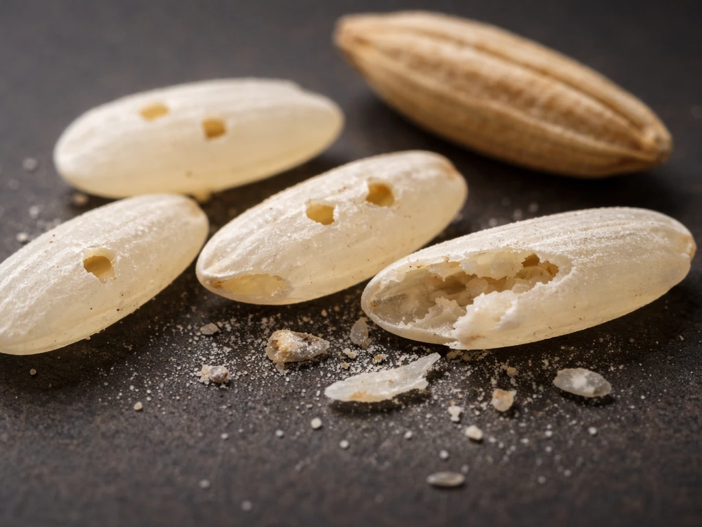 Macro view of rice kernels with tiny holes showing weevil exit/feeding and concealed larva inside.