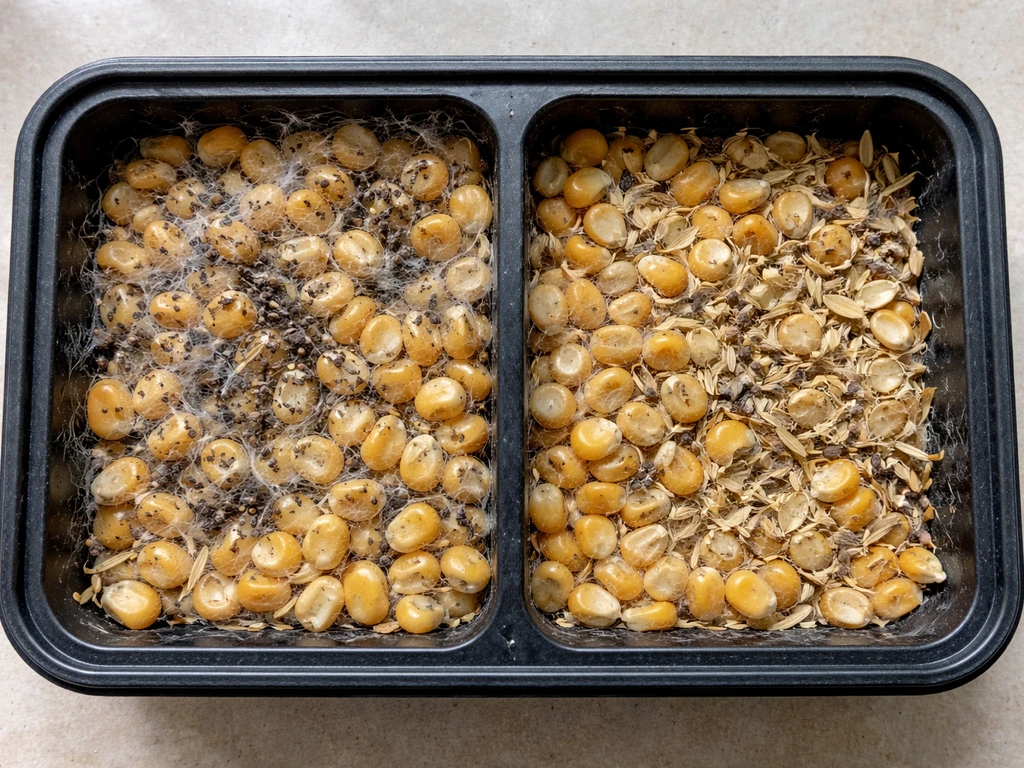 Close-up of a seed tray showing two sections: webbing and frass on one side, empty husks on the other.
