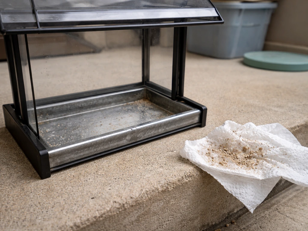 Cleaned bird feeder tray interior with seed dust and frass removed; wiped-down storage area in background.