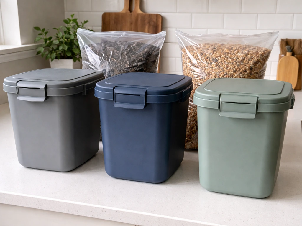 A few airtight hard-sided seed storage containers lined up beside bird seed bags on a kitchen counter.