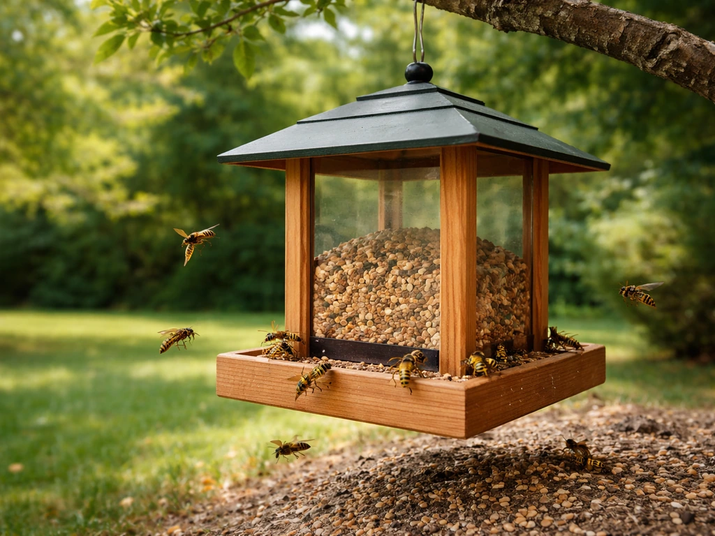 Wasps hovering and crawling near a hanging bird feeder in a backyard, seeds visible on the ground.
