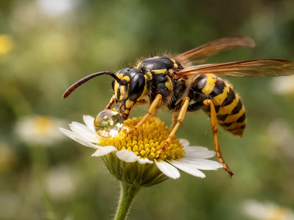 Close-up of a wasp sipping nectar from a small outdoor plant flower near greenery