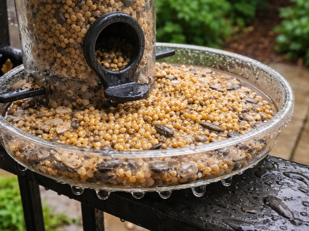 Close-up of a wet bird feeder tray with rain-soaked seed around the feeding ports.