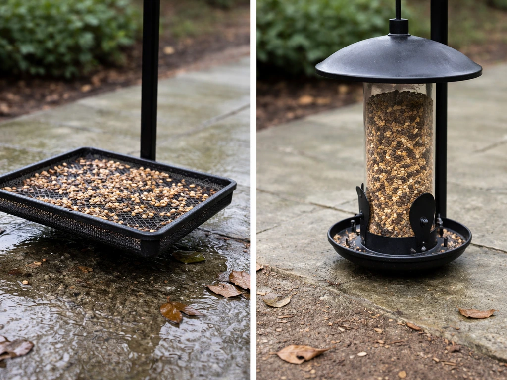 Side-by-side feeders: open tray with pooled rainwater vs covered tube/hopper feeder keeping seed dry.