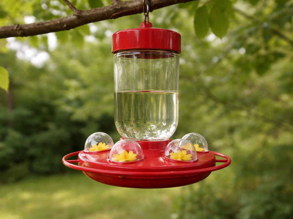 Hummingbird feeder with small clear insect guards over the nectar ports, hanging outdoors