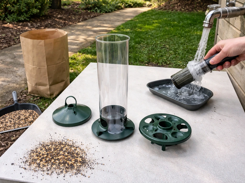 Disassembled bird feeder parts scrubbed with a bottle brush while swept seed debris is collected.