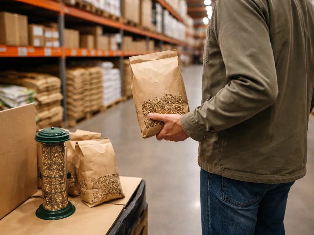 Warehouse aisle shopper holding a bag of wild bird seed near bird feeders supplies