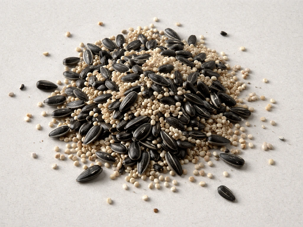 Overhead view of mixed birdseed components—sunflower seeds and millet—spread on a neutral surface