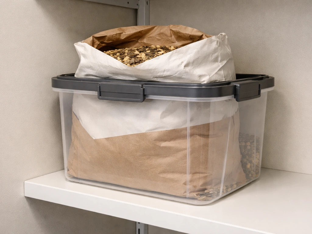 A 40-lb bulk seed bag sealed inside a hard-sided airtight container with lid in a cool, dry storage area.