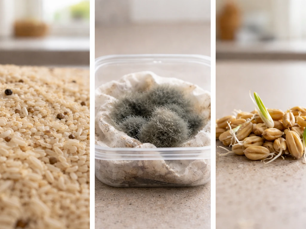 Minimal split scene: insect-like debris beside dark mold clumps and sprouting grains in a kitchen container.