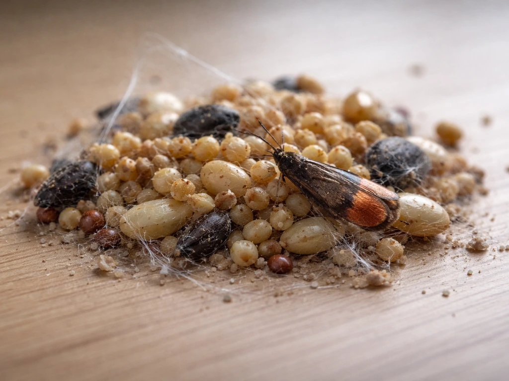 Close-up of bird seed with visible webbing and a small copper-tipped moth on the grains