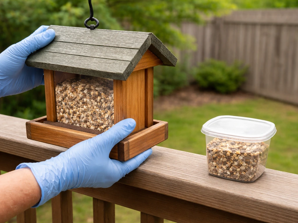Gloved hands removing a bird feeder and placing suspect seed into a sealed container outdoors.