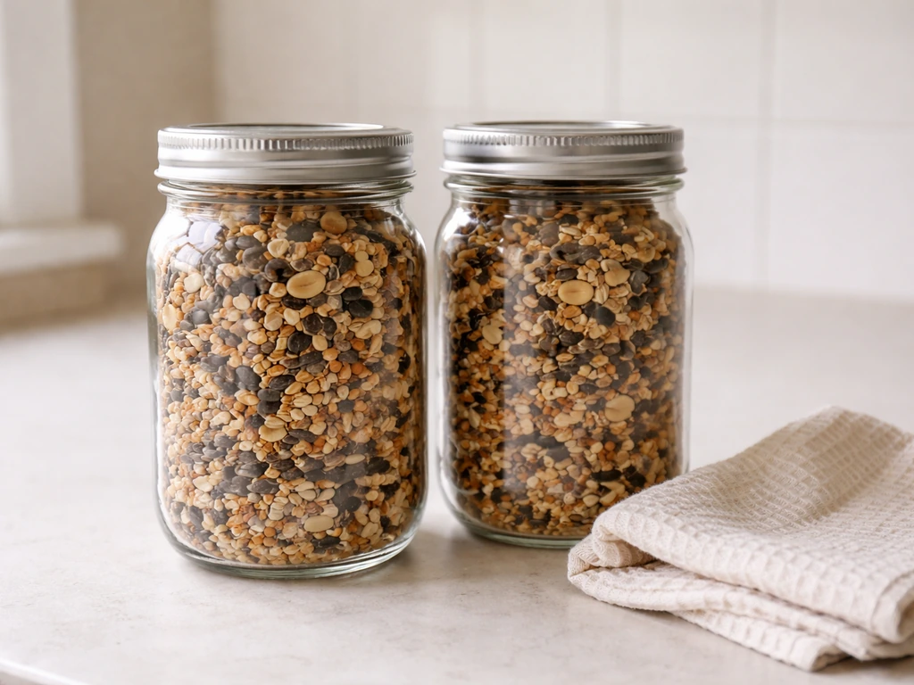 Airtight glass jars with screw-top lids holding dry bird seed on a clean counter.