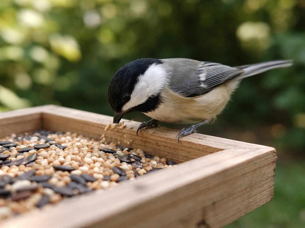 Small songbird perched at a backyard feeder, pecking seeds with visible seed movement near the tray.