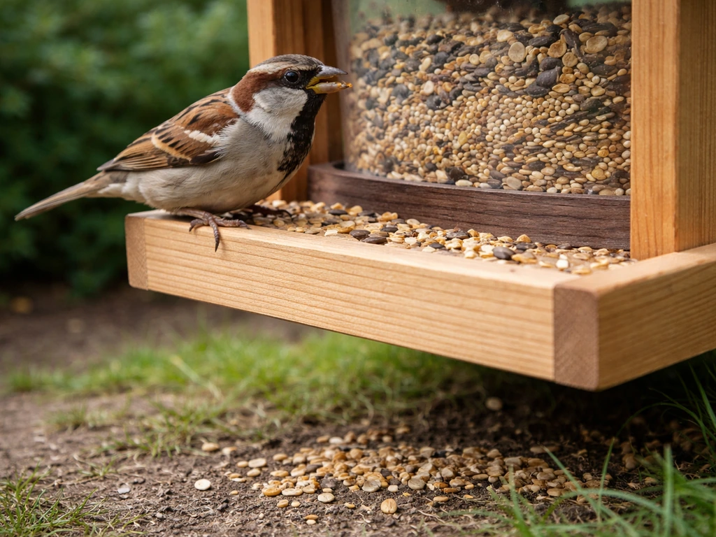 Small sparrow perched at a backyard feeder with scattered seed hulls beneath, after rapid pecking.