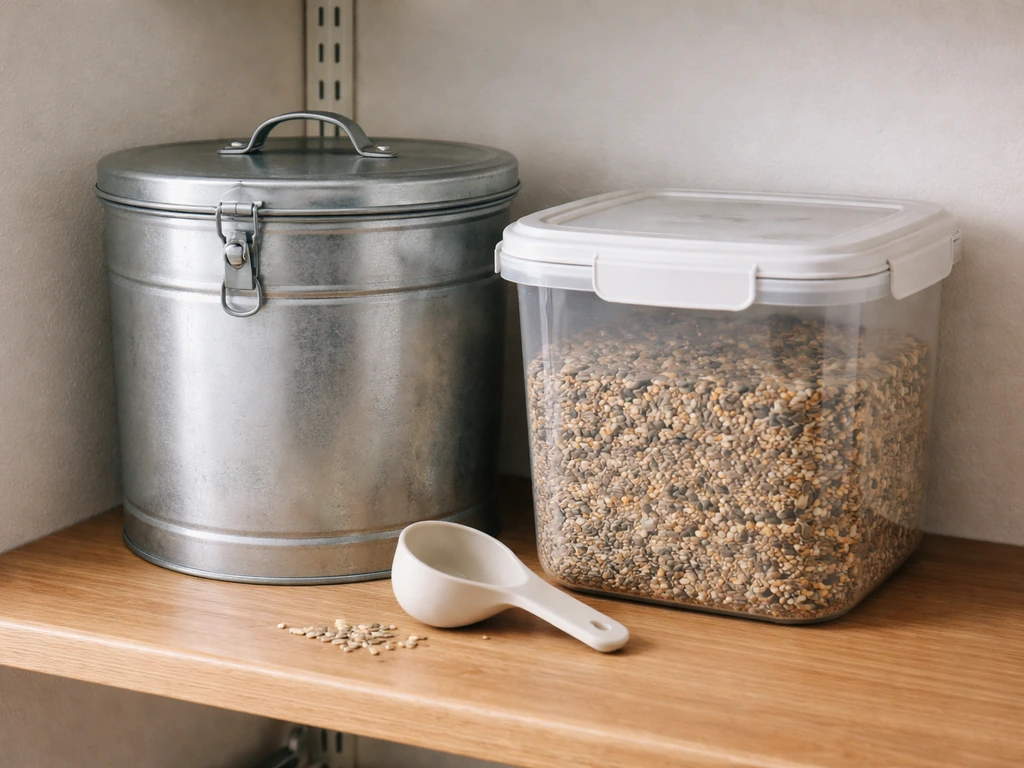 A metal and thick-plastic airtight seed container with a dry scooping utensil in a cool pantry.