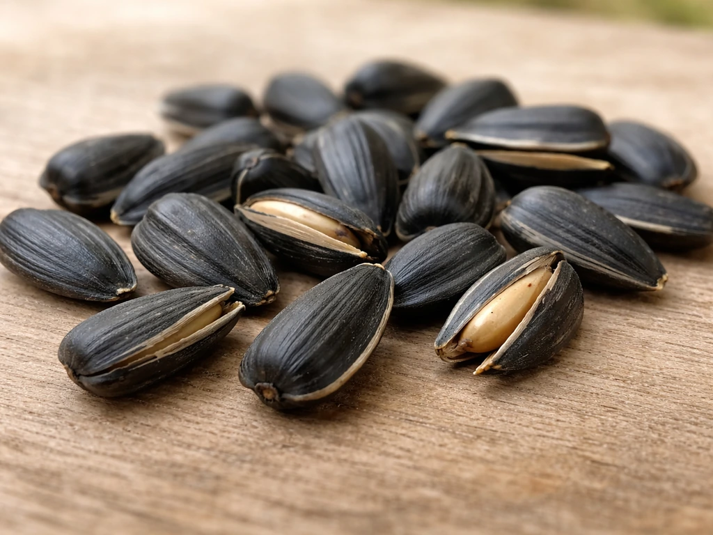 Close-up of black oil sunflower seeds with thin shells, showing small, cracked-ready pieces