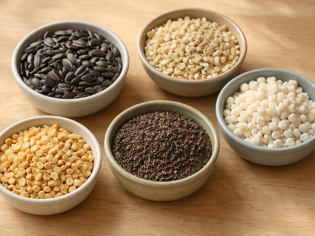 Five small bowls of different bird seeds—sunflower, nyjer, peanuts, and suet—on a wooden table.