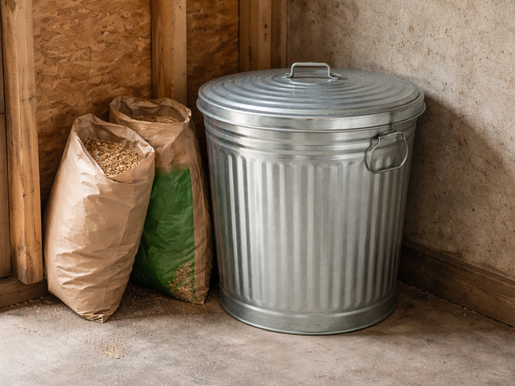 Sealed galvanized metal trash can holding bird seed inside a cool, dry shed, lids closed to prevent pests.