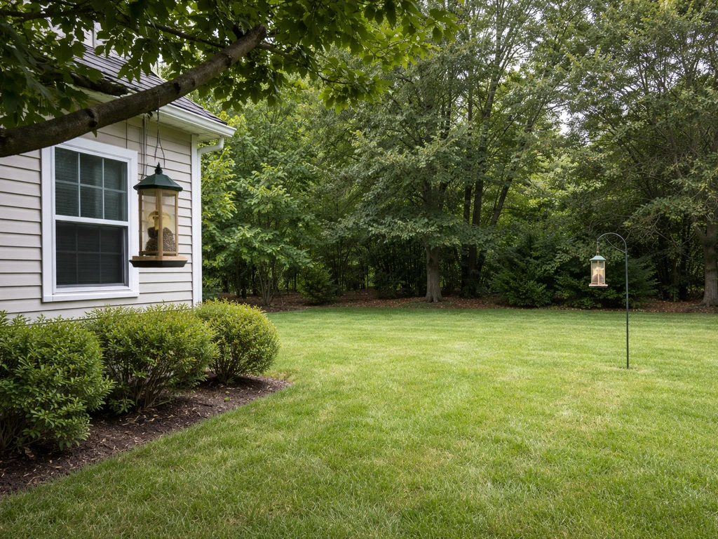 Backyard scene showing one bird feeder near a window and another far away on open lawn.