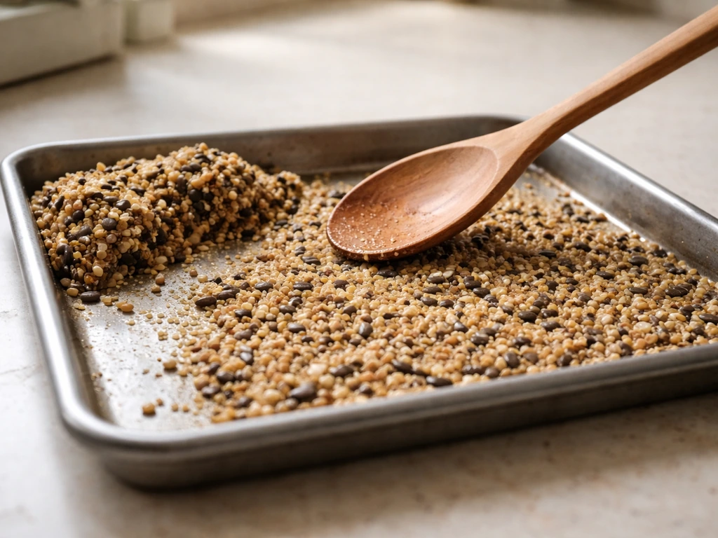 Bird seed clumped and damp, being spread on a clean tray to air-dry before it molds.