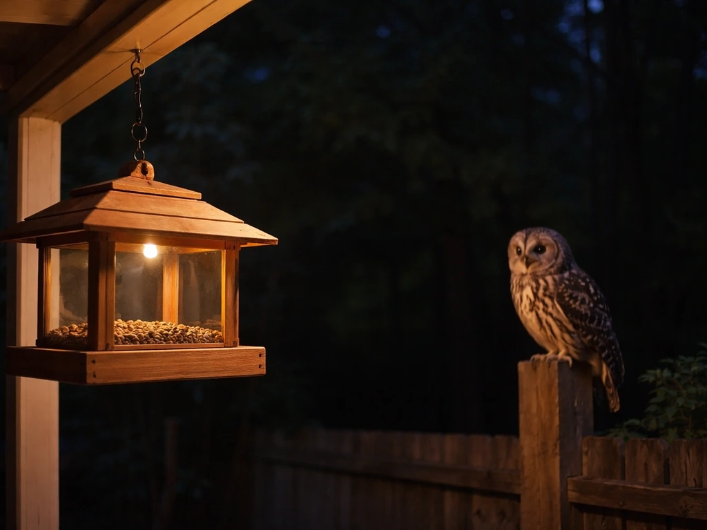 Nighttime backyard bird feeder with an owl perched nearby under soft porch light.