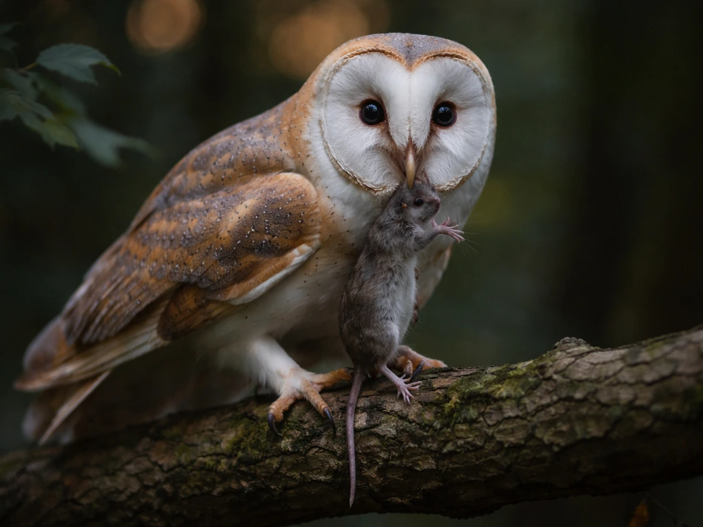 Barn owl perched in woods, using hooked bill and talons to catch prey on a branch.