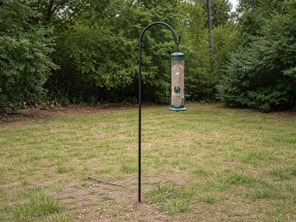 Hanging bird feeder placed in open yard with dense shrubs about 15–20 feet away for safe escape.