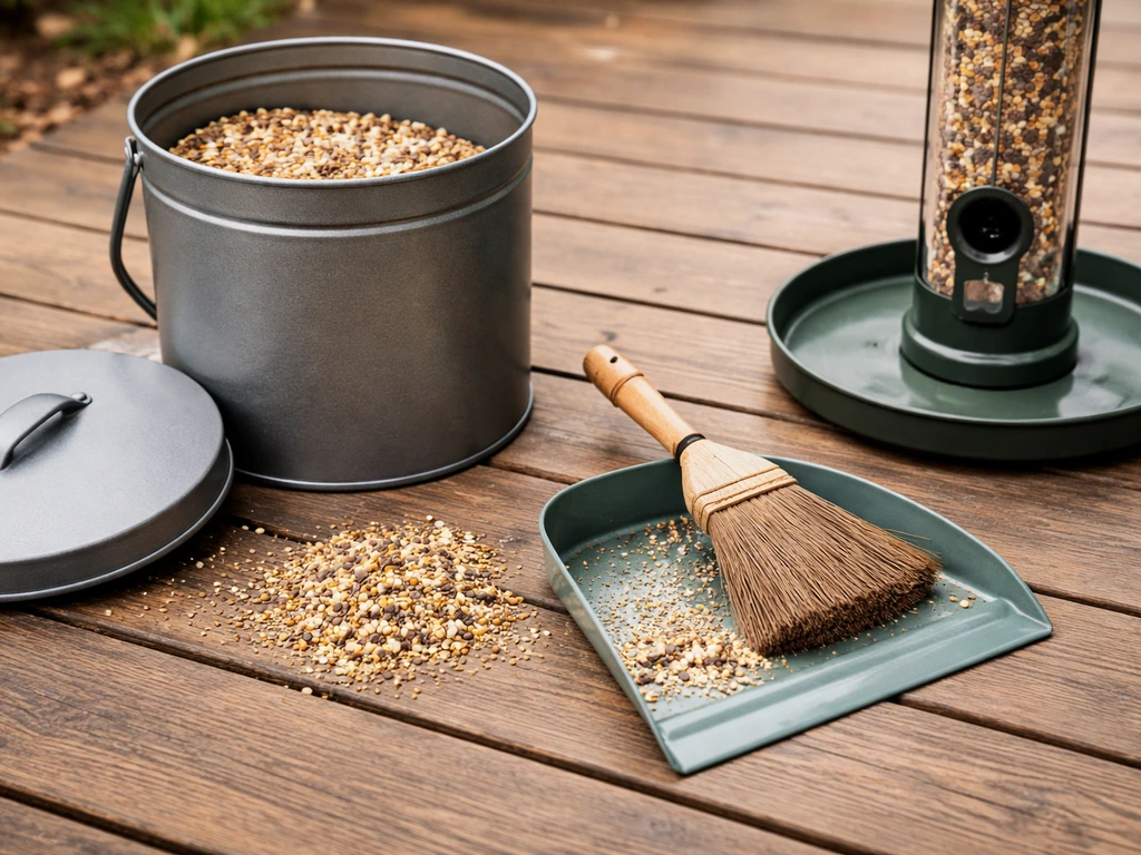 Open metal seed container with lid set aside, swept spilled seed, and a clean feeder base outdoors.