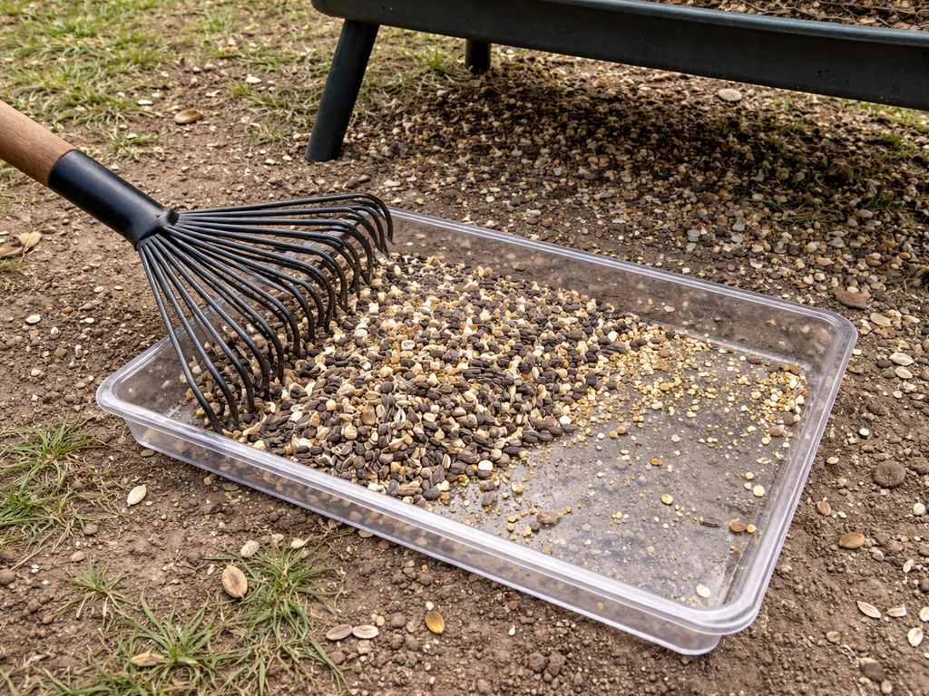 Hand rake sweeping spilled seed into a catch tray under a feeder, capturing hulls and grains.