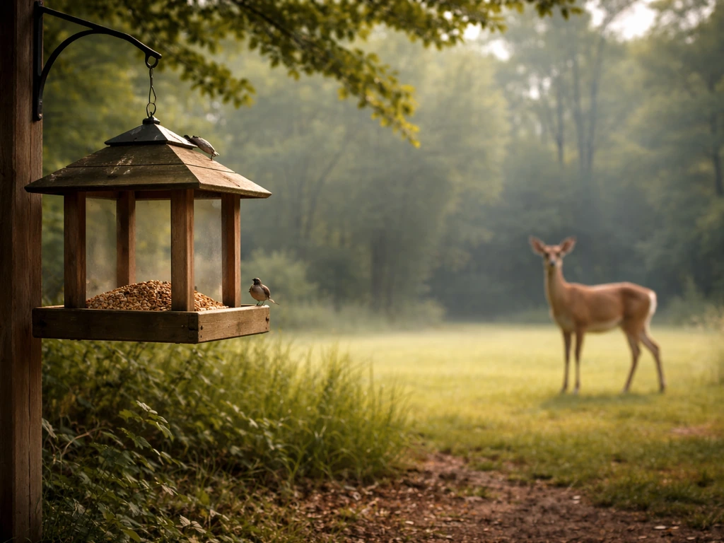 A bird feeder in a grassy woodland edge with a deer nearby, suggesting whether deer are attracted to bird seed.