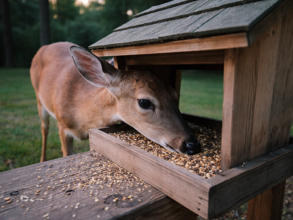 White-tailed deer reaching into a backyard bird feeder and eating scattered bird seed