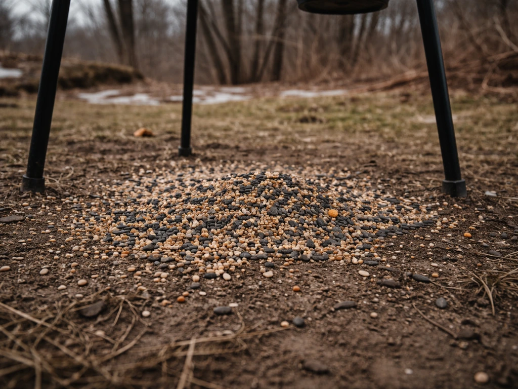 Spilled bird seed scattered on dirt beneath a feeder, forming a concentrated mess at one spot.