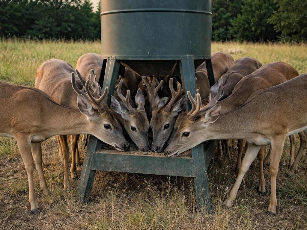 Several deer gathered tightly at a single feeder in a quiet outdoor field, suggesting disease spread risk.