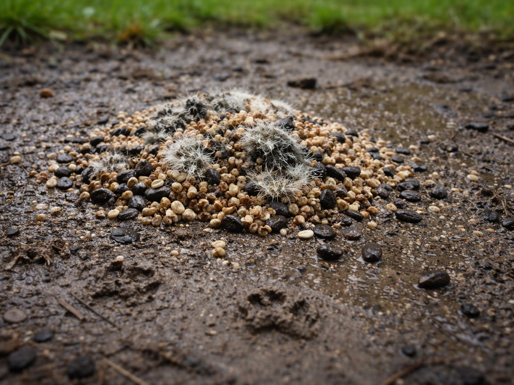 Damp, moldy spilled bird seed on wet ground with subtle signs of small animal activity nearby