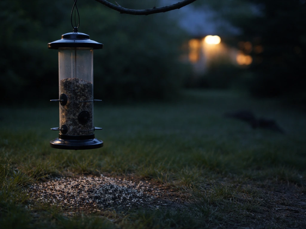 Backyard bird feeder at dusk with spilled seed on the ground and a faint bat wing shadow near the yard edge.
