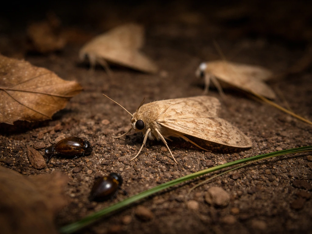 Close-up of moths and beetles on leaves and grass, showing bats’ insect-based prey.