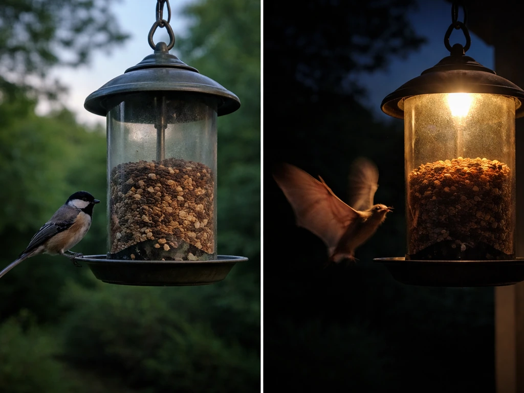 Daytime songbird at a feeder and a bat swooping after dark near the same backyard feeder.