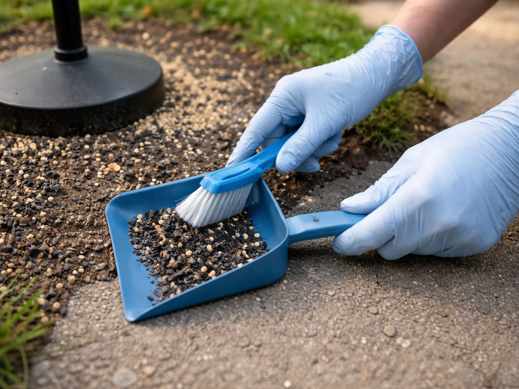 Gloved hands gently scooping bat droppings near a bird feeder without kicking up dust outdoors.